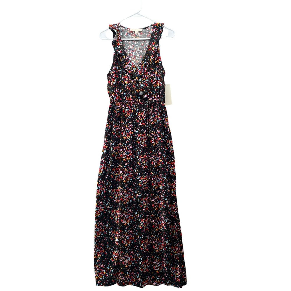 NWT Kingston Grey Maxi Dress Womens M Black Floral Sleeveless Ruffle V-Neck